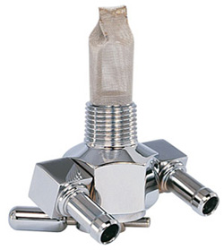 Dual Outlet On/Off Only Hex Race Valve, 3/8" NPT, 90&#176; 5/16" hose barbs- Chrome